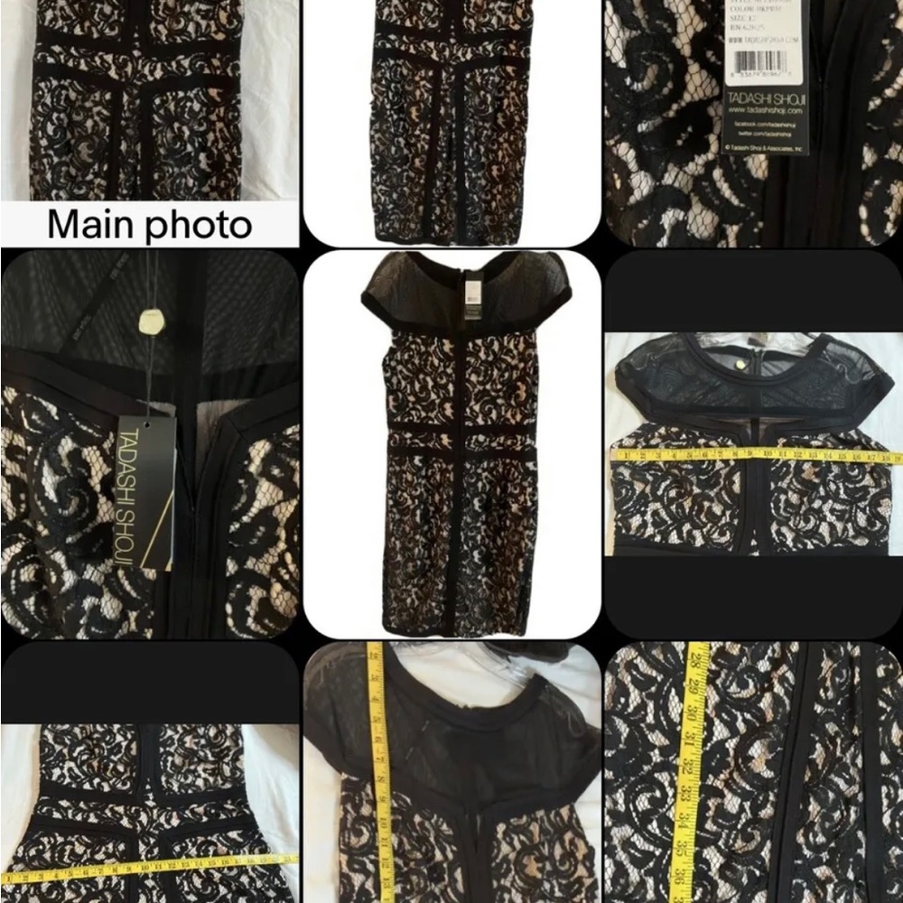 TADASHI SHOJI Black Lace Overlay Black Sheer Neck Cap SL Size 12 Reg NWT￼